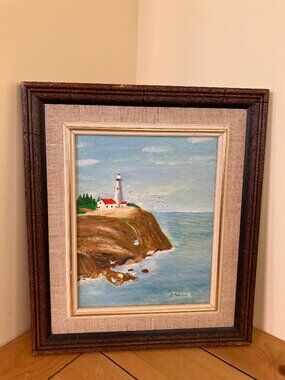 Cliffside Lighthouse Coastal Original Framed Oil Painting Art Signed G. Purcell